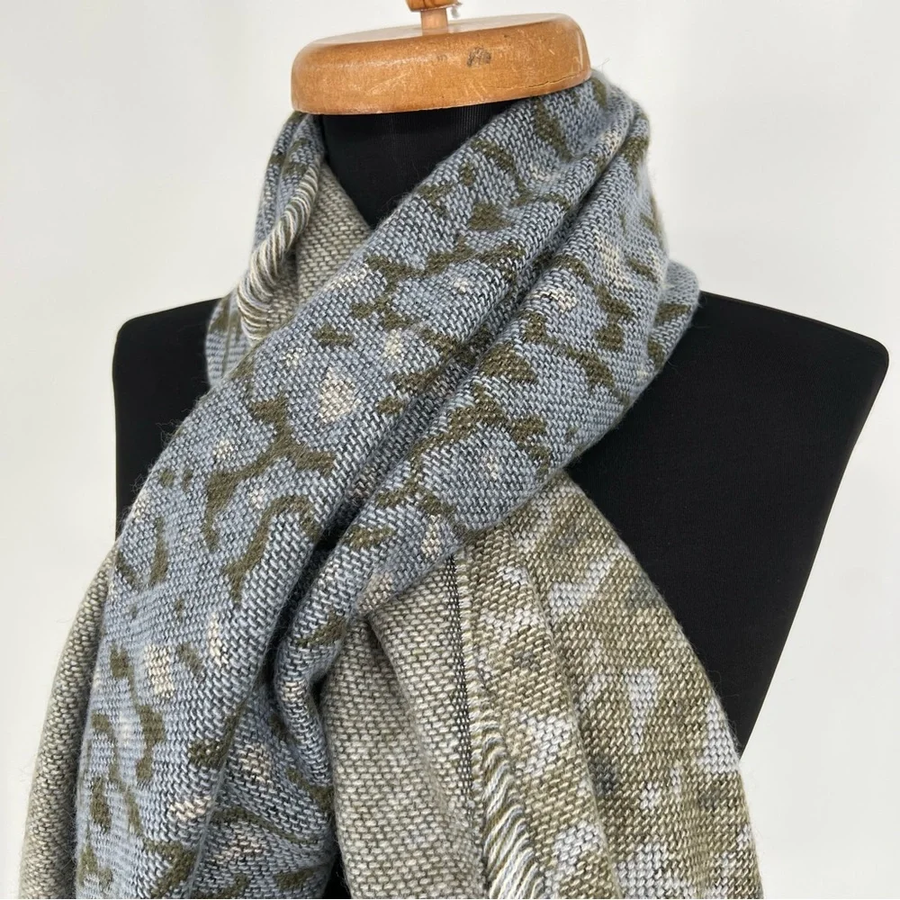 Anthropologie Green Blue Patterned Blend Fringe‎ Scarf
